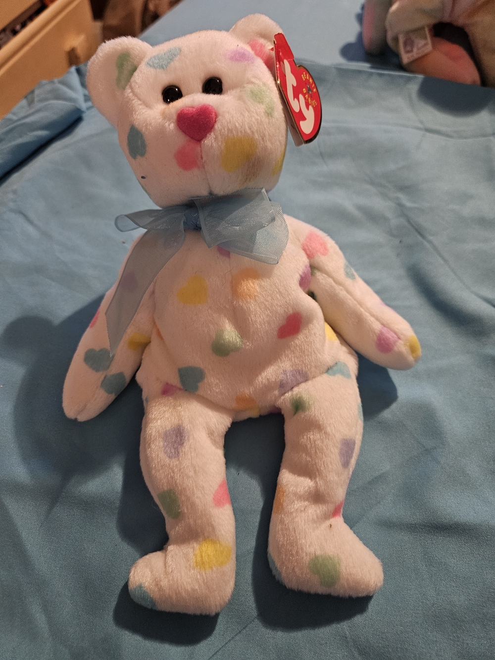 Ty Plush Heart Print Bear - White with Pastel Hearts and Blue Bow